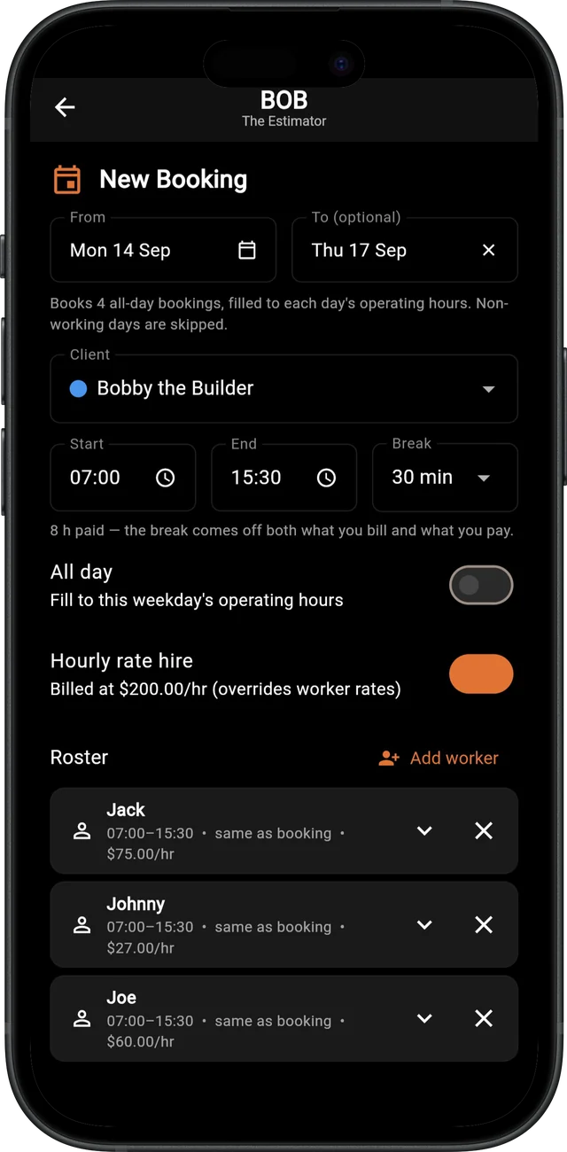 BOB The Estimator — New booking with crew roster