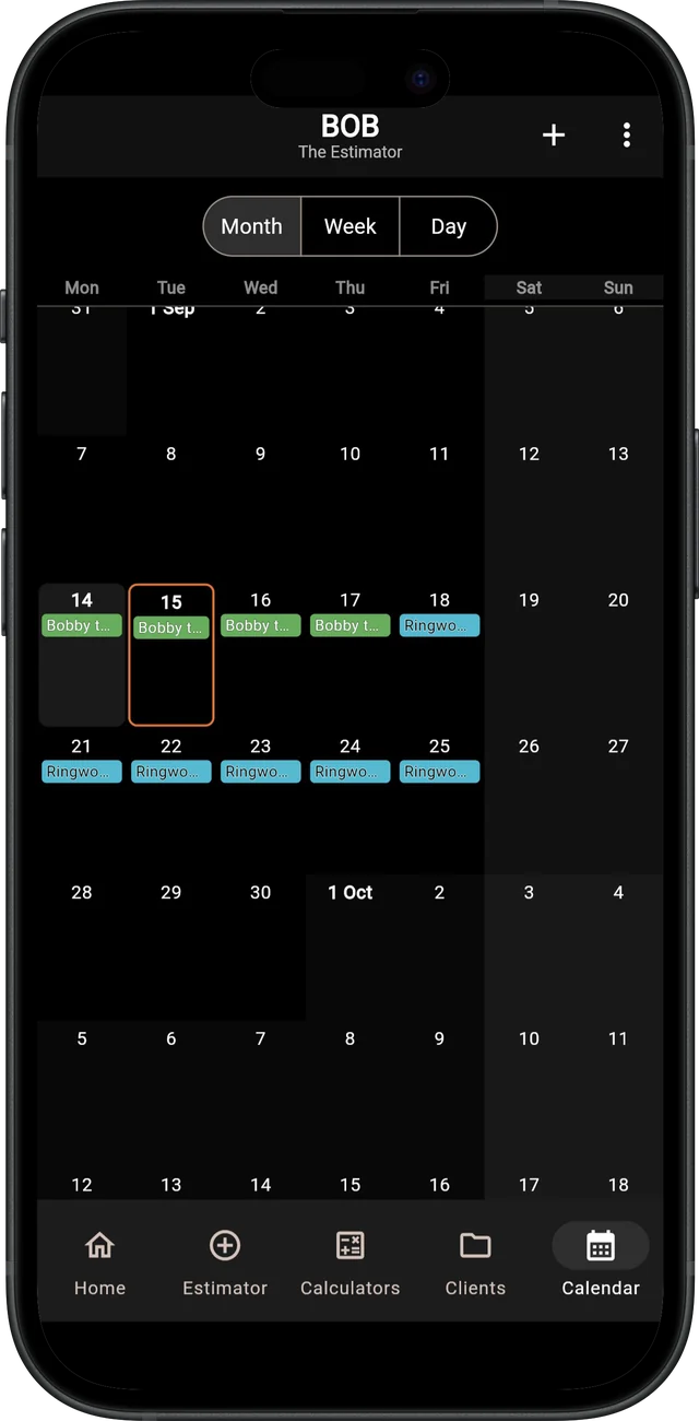 BOB The Estimator — Monthly calendar view