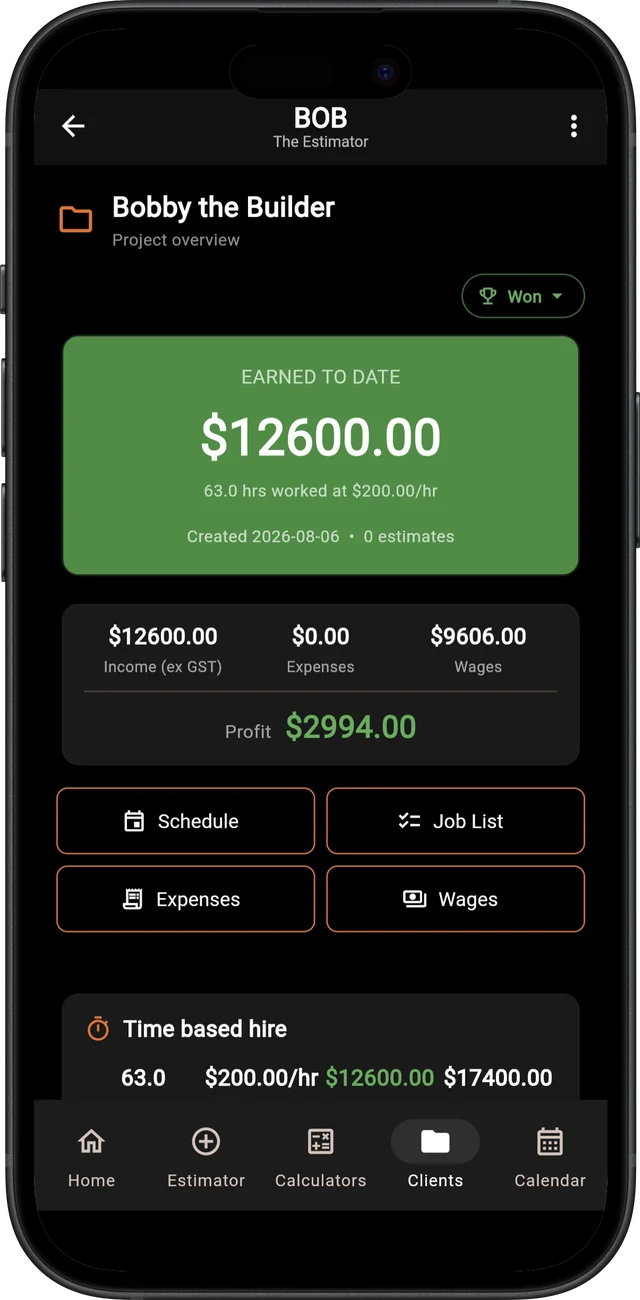 BOB The Estimator — Project overview with earnings, expenses and profit
