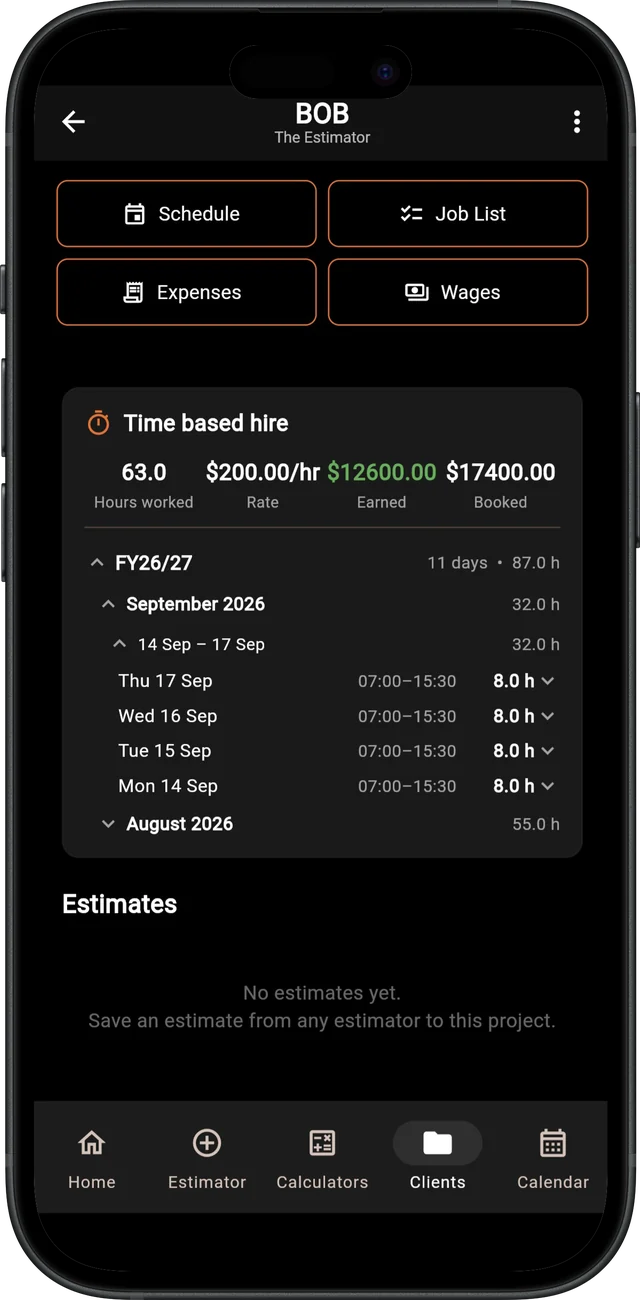 BOB The Estimator — Time based hire and hours tracking
